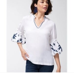 Chico's Linen Blend Ruffled Bell Sleeve Blouse